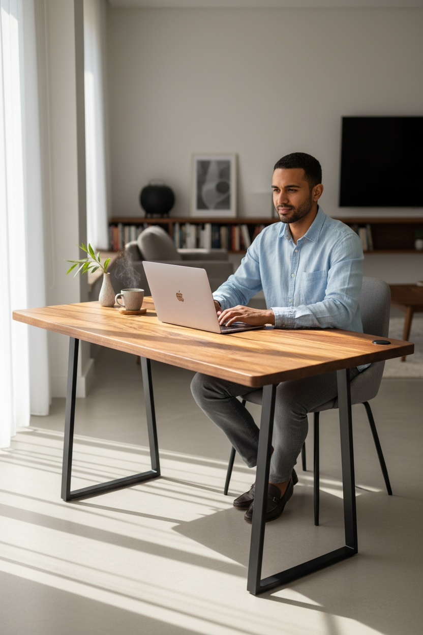 Desk with Dual USB C and A Built-in Charger and steel legs