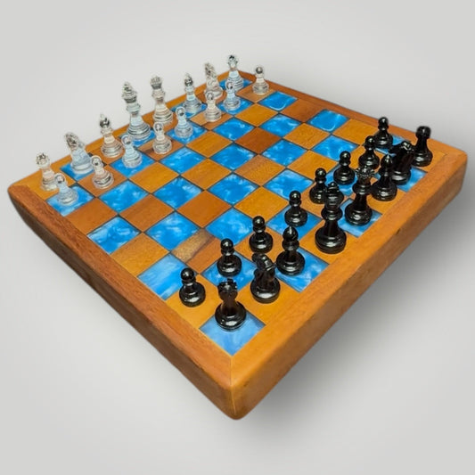 Epoxy and Wood LED Light Up Chess Board with Epoxy Pieces